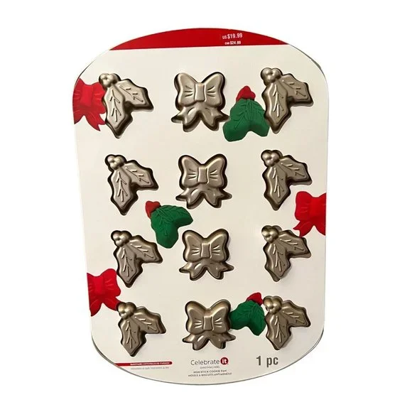 Celebrate It Bows And Holly Leaf Cookie Baking Sheet, Mold Non Stick - Picture 1 of 3